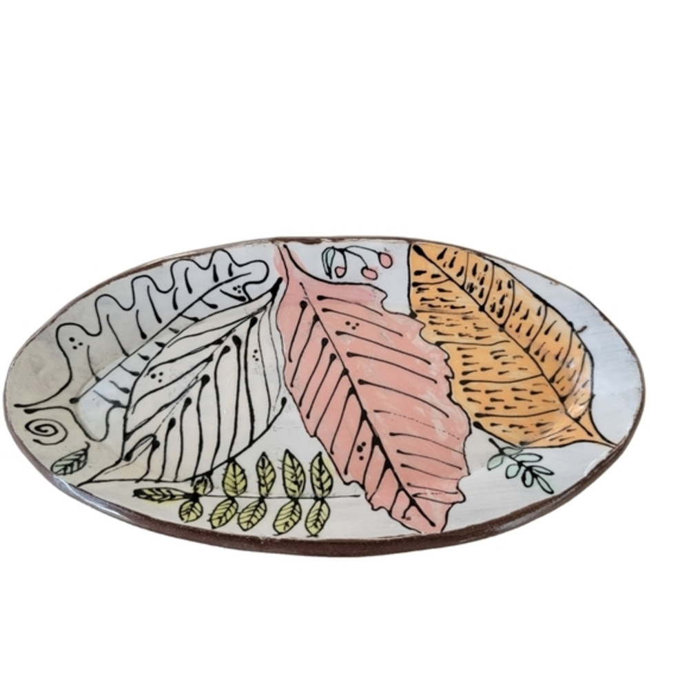 Pottery dish stamped leaves boho green brown pink Trinket tropical floral